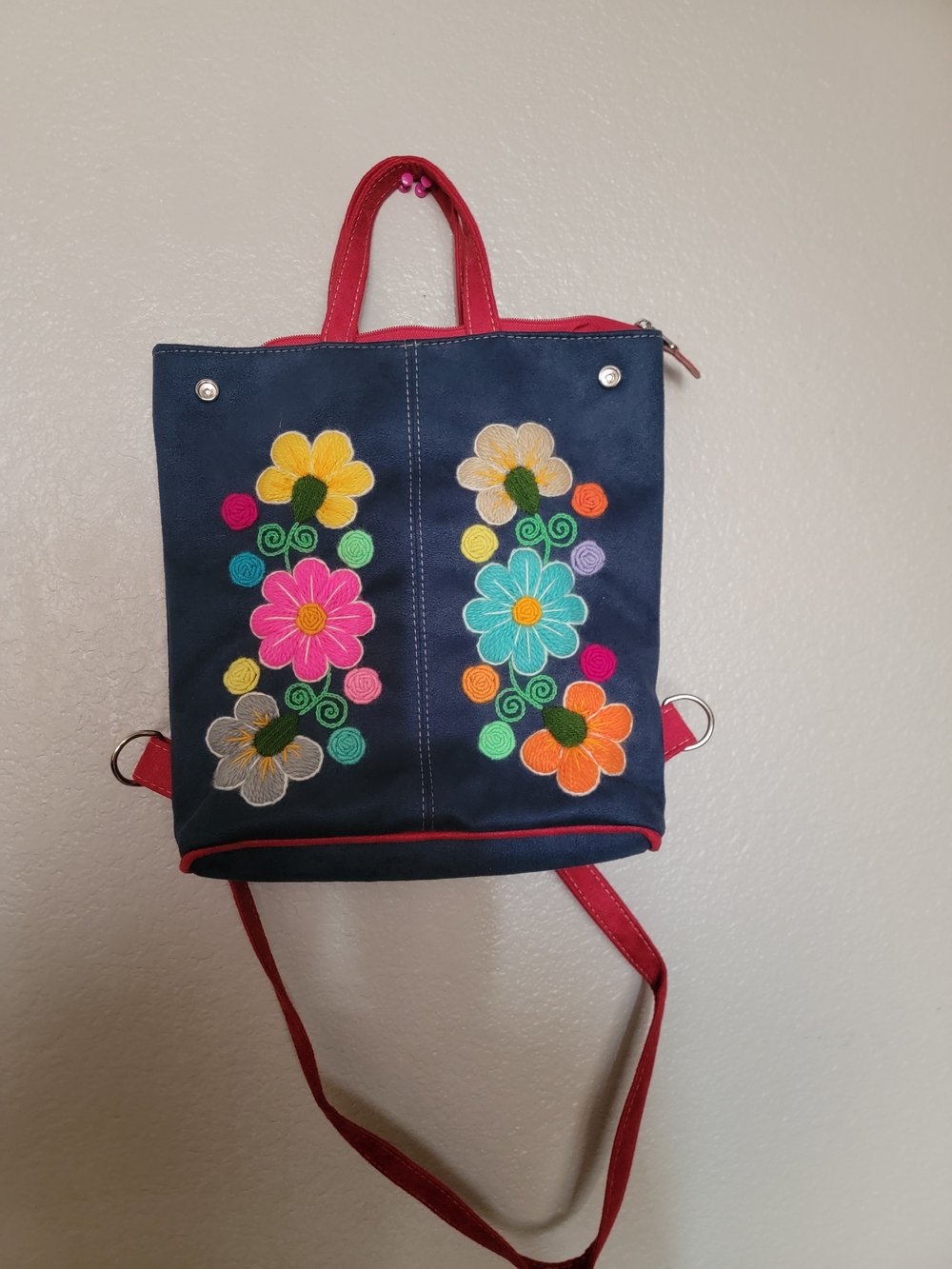 Embroidered Floral Navy and Red Convertible Backpack Tote